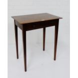 A mahogany table with single frieze drawer and raised on tapering supports, 72 x 62cm