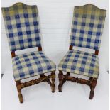 A pair of upholstered high back chairs, on turned supports and stretchers, 114 x 52cm, (2)