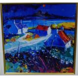 Jolomo 'Lagg Village, Moon Over Isle of Jura' Coloured print, in a glazed gilt wood frame, dated