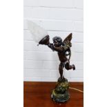 After Emile Bruchon, 'L'Amour Vainqueur' bronze cherub table lamp with opaque glass flaming shade