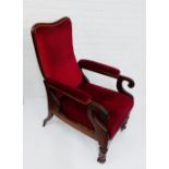 A mahogany framed open armchair with red plush upholstered back, arms and seat, 108 x 62cm