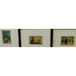 A group of three Continental School coloured etchings in glazed ebonised frames, 9 x 14cm, (3)