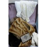 A fox fur tippet, three fur shoulder capes, leather gloves, a vintage handbag and two cotton and