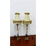 A pair of faux brass and onyx table lamps and shades, overall height 85cm, (2)