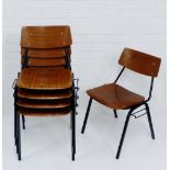 A set of five retro stacking chairs, with ply backs, seats and tubular hairpin supports, 74 x