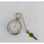 A lady's Continental silver cased fob watch, the pink enamel dial with Roman numerals, together with