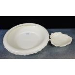 A Wedgwood Queens Ware fruit and vine embossed bowl and a Queens Ware vine leaf dish, (2)