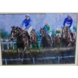 Joel Kirk 'Horse Racing Scene' Pastel, signed bottom left in an ornate gilt wood glazed frame, 65