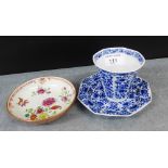 A Chinese Cafe au Lait saucer dish painted with flowers in coloured enamels, together with a blue