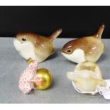 A Herend porcelain type small figure of a frog and gold ball, 4cm high, two porcelain birds and a