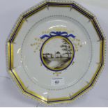 A Nymphenburg porcelain plate with hand painted scene of Nymphenburg Schloss, within a blue ribbon