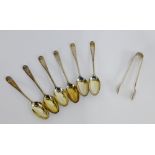 George V silver teaspoons and sugar tongs, London 1926 (7)