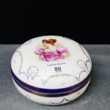 Continental porcelain power jar and cover, the lid painted with 'Madame Anna Gene', 15cm diameter