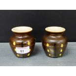 Two Buchan pottery brown glazed and yellow spotted vases, (2)