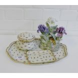 A Limoges porcelain tray, powder dish and rectangular trinket dish, each with pink rose sprays and