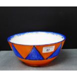 Clarice Cliff 'Bizarre' bowl with orange ground and blue hand painted triangle panelled borders,