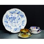 A Brameld 'Parroquet' pattern blue and white plate, together with a Gaudy Welsh cup and saucer and a