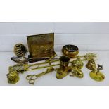 A quantity of brass wares to include a letter rack, toasting fork, bells etc., and an Epns serving