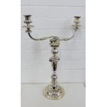 A 19th century Sheffield plate twin branch candelabra on knop stem and circular footrim, 50cm high