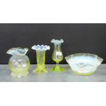 A collection of Vaseline glass with opalescent rims to include a posy basket and three small