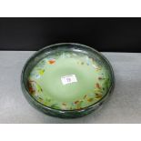 A Strathearn Scottish art glass dish, the green glass dish with coloured swirling inclusions, 24cm