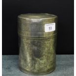 A Chinese pewter cylindrical tea caddy with engraved floral pattern with seal mark to the base, 16cm