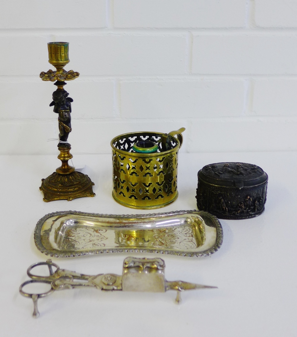 Metal wares to include a Georgian brass chamber stick, a French oval casket, a bronze and ormolu