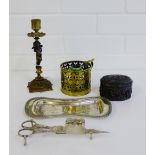 Metal wares to include a Georgian brass chamber stick, a French oval casket, a bronze and ormolu