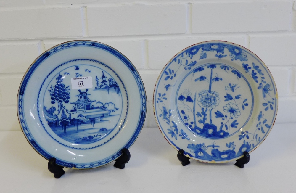 Two 18th century English delft plates, to include one with a pagoda pattern the other with flowers