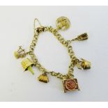 9 carat gold charm bracelet hung with an assortment of seven 9 carat gold charms to include