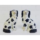 A pair of Victorian Disraeli black and white glazed Staffordshire dogs, circa. 1850, (one with front