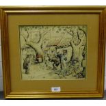 'French Market Scene' Pen and ink drawing, signed indistinctly, in a glazed gilt wood frame, dated