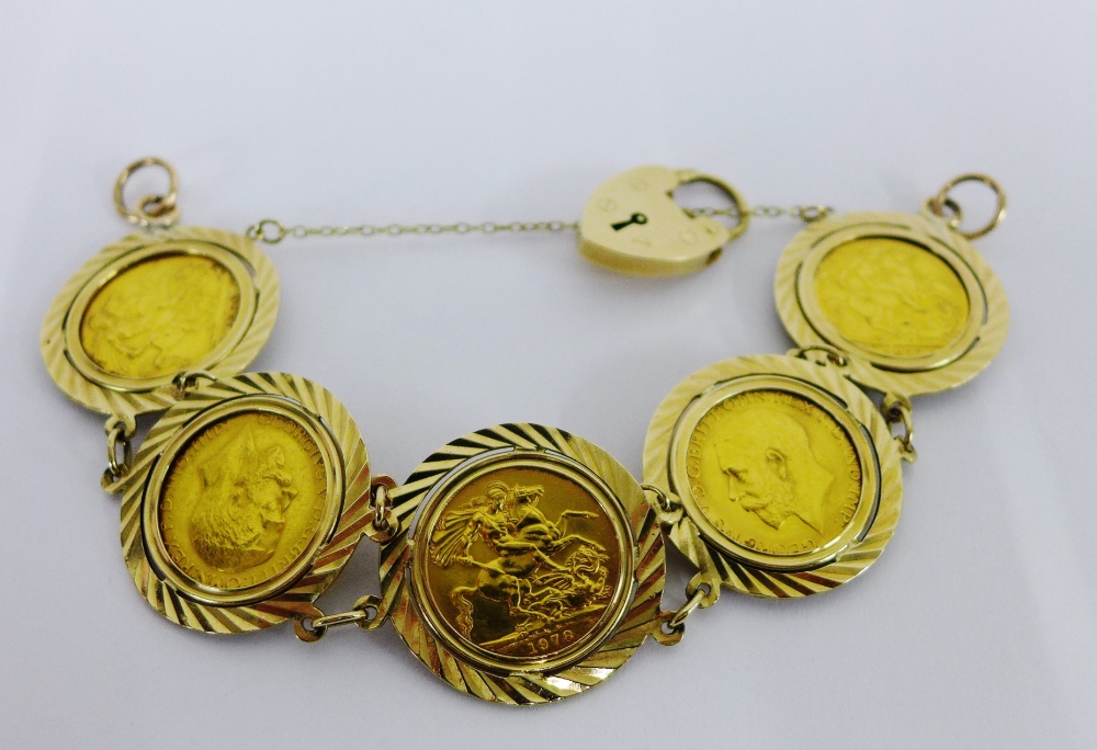 A 9 carat gold bracelet with five engraved circular panels each containing a full gold sovereign - Image 2 of 2