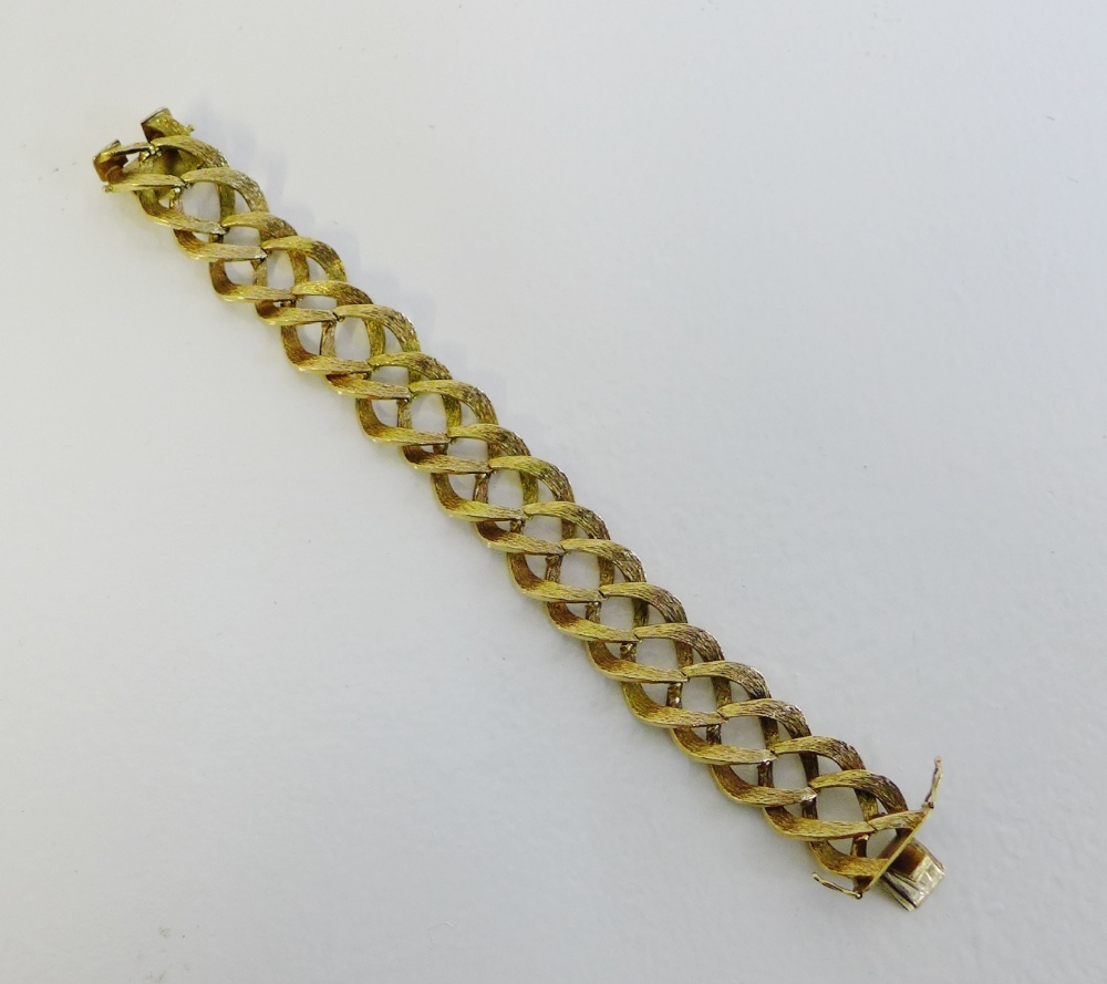 9 carat gold textured link bracelet, the clasp bearing a full set of hallmarks