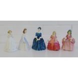 A collection of five Royal Doulton porcelain figures to include 'Catherine', 'Andrea', 'Cherie', '