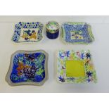 A collection of Bough Scottish pottery to include four square dishes with hand painted fruit and