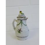 18th century Continental tin glazed hot water / coffee pot and cover with fruit pattern in