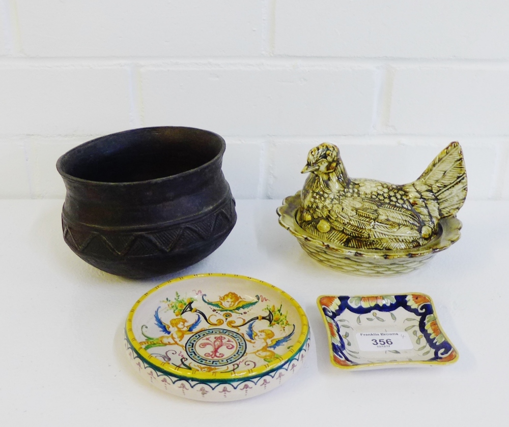 A mixed lot to include two French tin glazed trinket dishes, a stoneware Roman style bowl and a