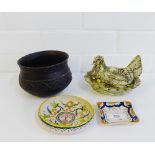 A mixed lot to include two French tin glazed trinket dishes, a stoneware Roman style bowl and a