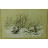 19th Century School 'Villagers collecting Firewood in the Winter' Pencil and Chalk drawing on paper,