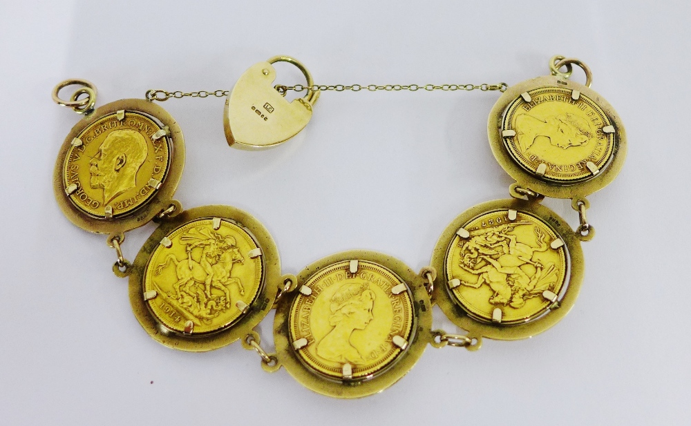 A 9 carat gold bracelet with five engraved circular panels each containing a full gold sovereign