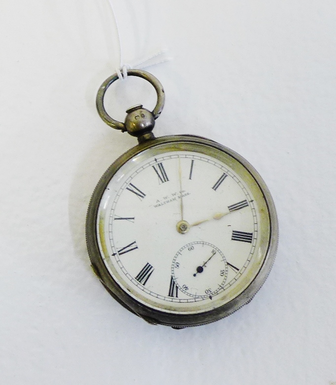 Victorian silver cased Waltham pocket watch with Roman numerals and subsidiary seconds dial,