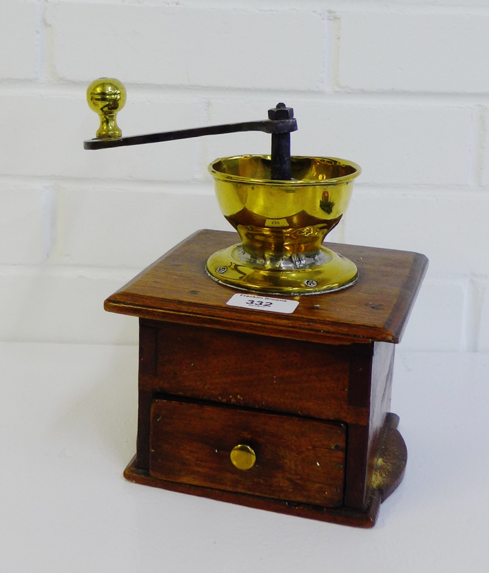 A French oak and brass coffee grinder