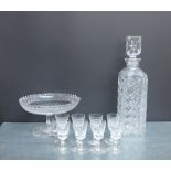 A mixed lot of glassware to include a decanter and stopper, sherry glasses and a comport, (a lot)