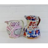 A Sunderland lustre jug, (a/f), together with a Masons ironstone Imari patterned jug, tallest,