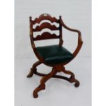 A mahogany Savonarola style splat back chair with green faux leather upholstered seat, 82 x 60cm