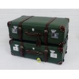 A pair of 'Globetrotter World Famous Luggage' green and brown suitcases, 28 x 77cm