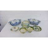 A mixed lot of Staffordshire wares to include two blue and white tureen and covers, Masons '