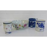 A Chinese Famille Rose porcelain bowl on plain circular foot rim, a Chinese export ware mug, a