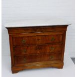 A marble topped walnut chest, fitted three drawers, on bracket plinth base, 36 x 115cm